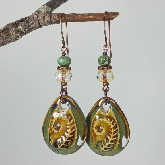 Artisan Jewelry - HAND CRAFTED EARRINGS Green Amber Ceramic Fern Czech Glass Statement Dangle Drop